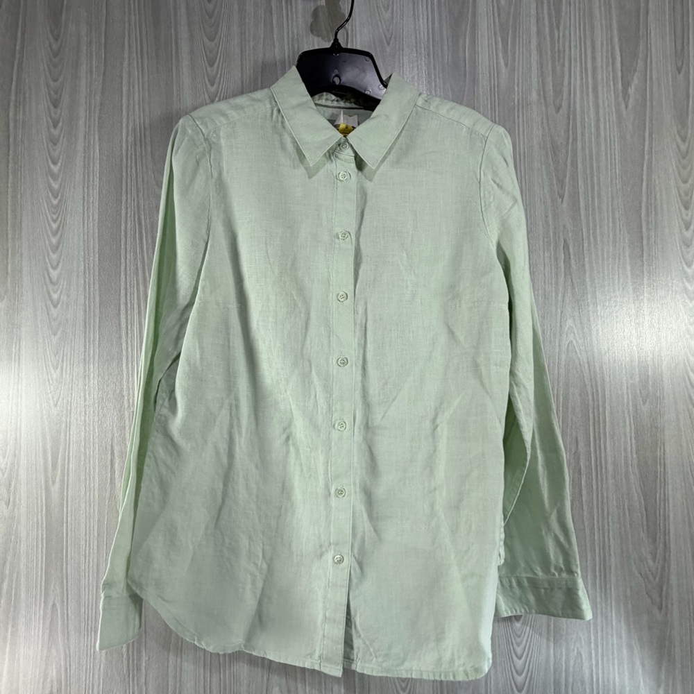 Pure Collection 100% Linen Button Up Shirt Long Sleeve Top Pale Green Women's‎ 8